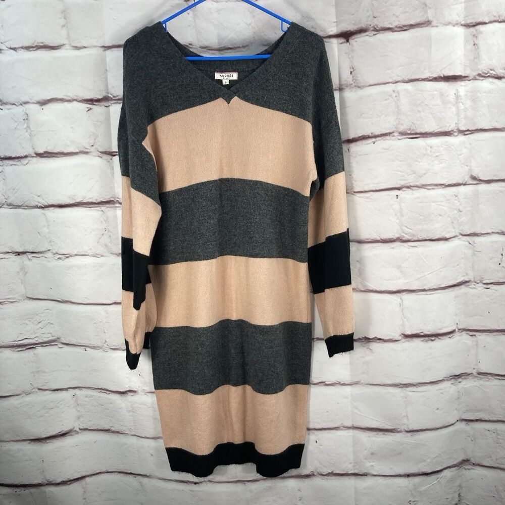 Andree by Unit Sweater Womens S Gray Peach Black Colorblock Pullover Knit Stripe